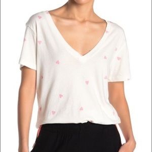 LNA Pink Heart Printed V-Neck Classic Tee-Small